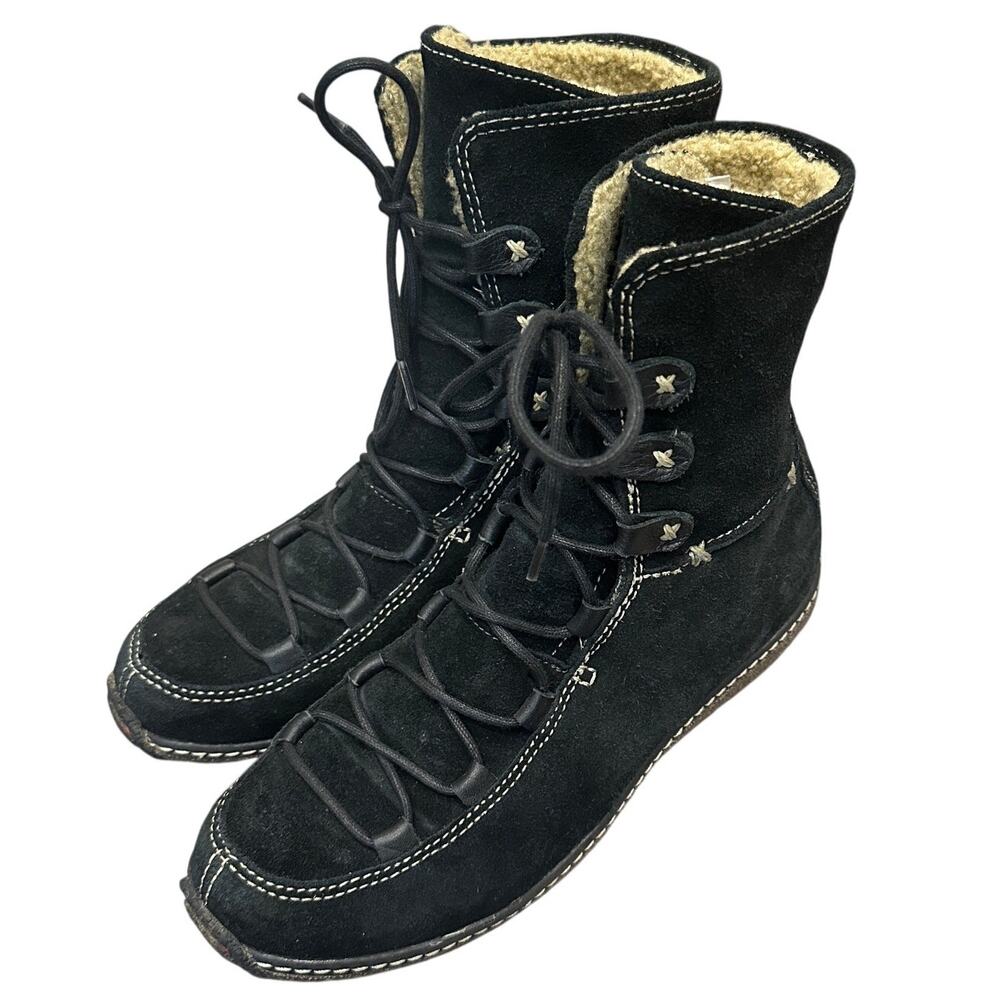 Timberland Black Reykir Ghillie Suede Lace-Up Sherpa Moccasin Boots Boho Cozy 8‎